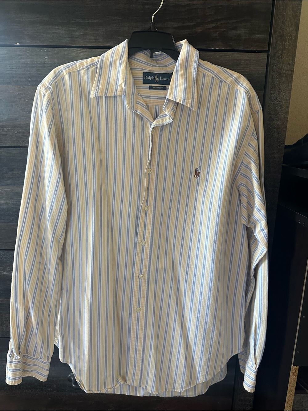 Vintage Ralph Lauren Men’s White Shirt with Blue & Yellow Stripes